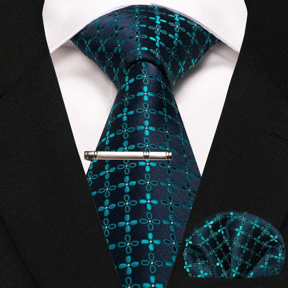 New Fashion Black Plaid Men's Tie 8cm Silk Business Necktie Handkerchief Tie clips set Wedding Party Tie Gift For Men