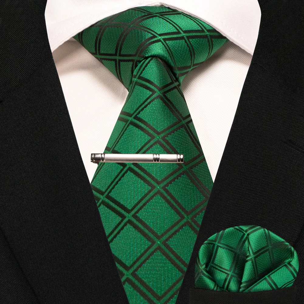 New Fashion Black Plaid Men's Tie 8cm Silk Business Necktie Handkerchief Tie clips set Wedding Party Tie Gift For Men