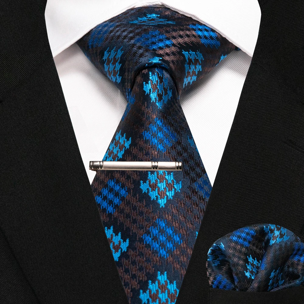 New Fashion Black Plaid Men's Tie 8cm Silk Business Necktie Handkerchief Tie clips set Wedding Party Tie Gift For Men