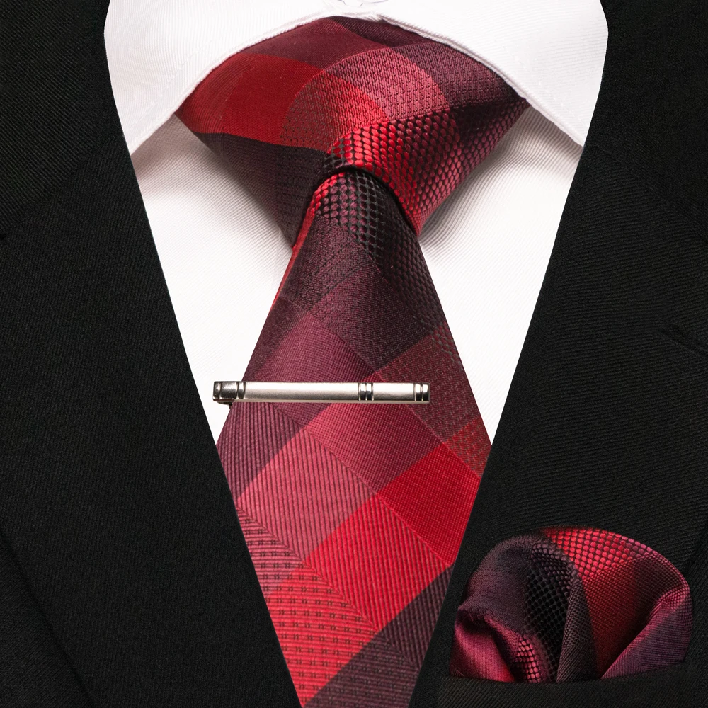 New Fashion Black Plaid Men's Tie 8cm Silk Business Necktie Handkerchief Tie clips set Wedding Party Tie Gift For Men