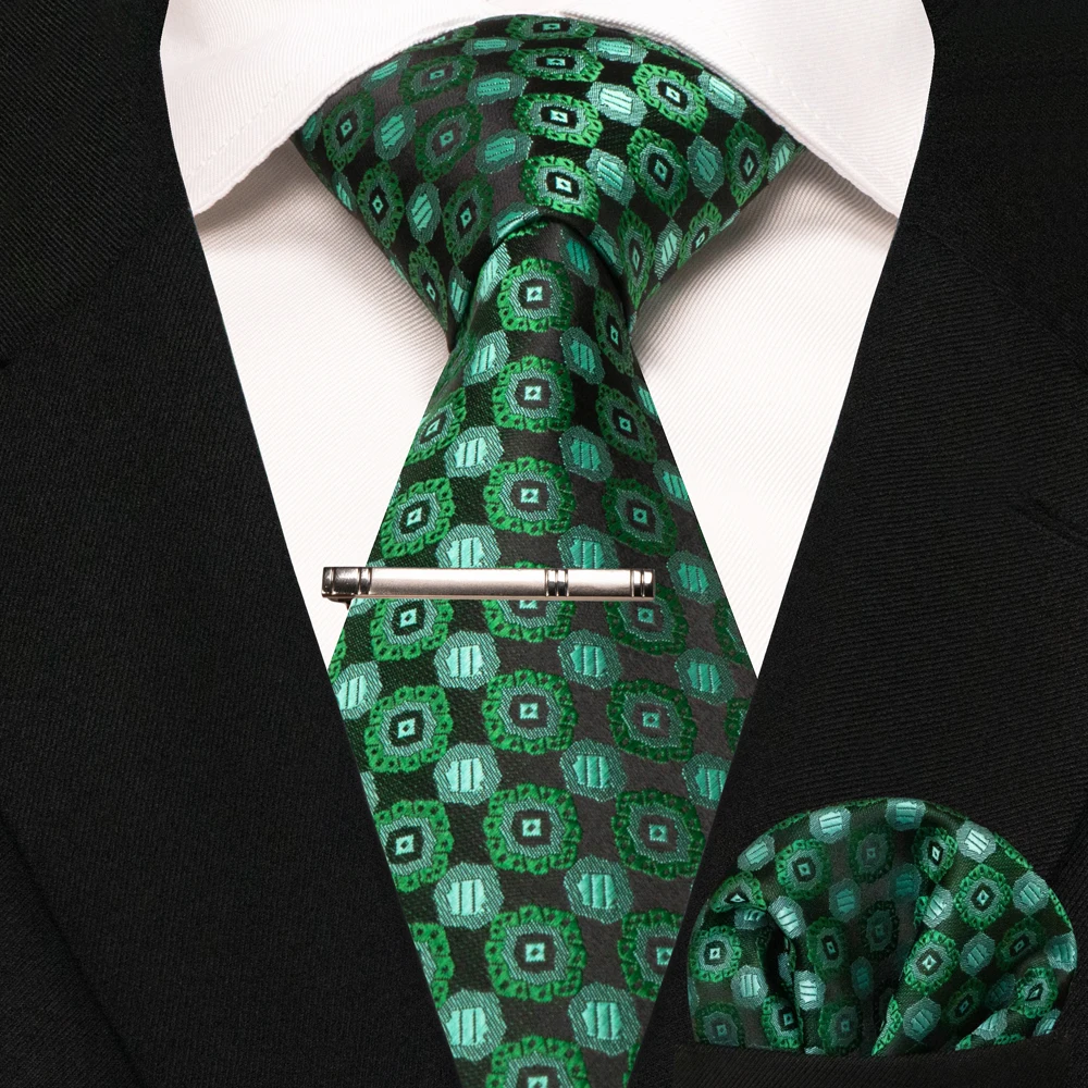 New Fashion Black Plaid Men's Tie 8cm Silk Business Necktie Handkerchief Tie clips set Wedding Party Tie Gift For Men