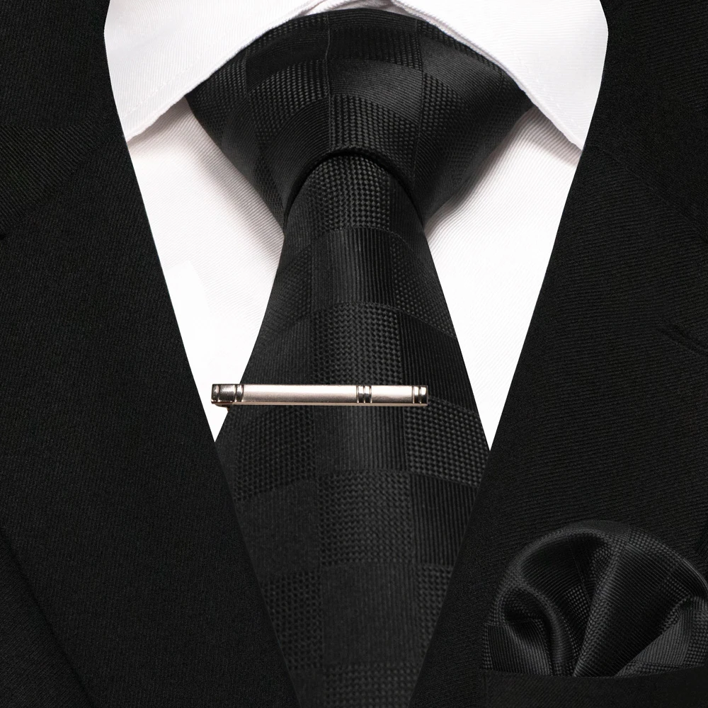 New Fashion Black Plaid Men's Tie 8cm Silk Business Necktie Handkerchief Tie clips set Wedding Party Tie Gift For Men