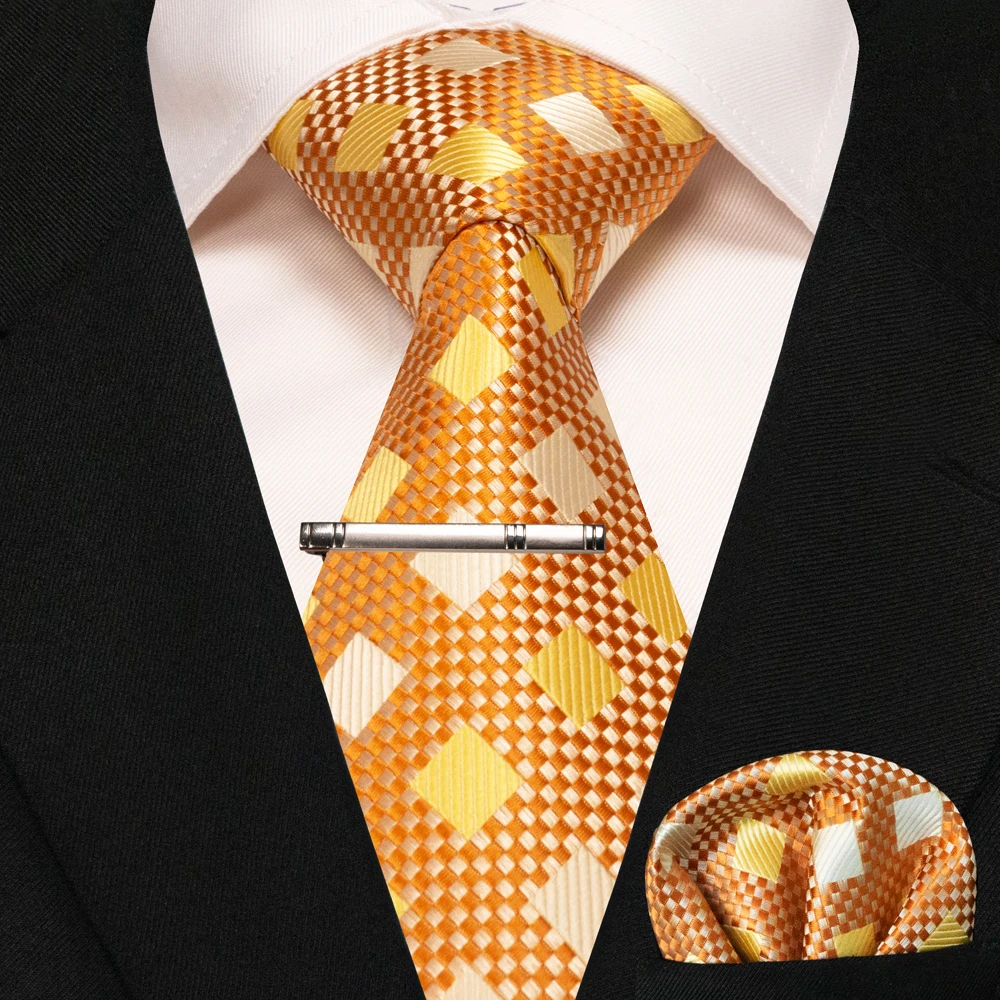 New Fashion Black Plaid Men's Tie 8cm Silk Business Necktie Handkerchief Tie clips set Wedding Party Tie Gift For Men