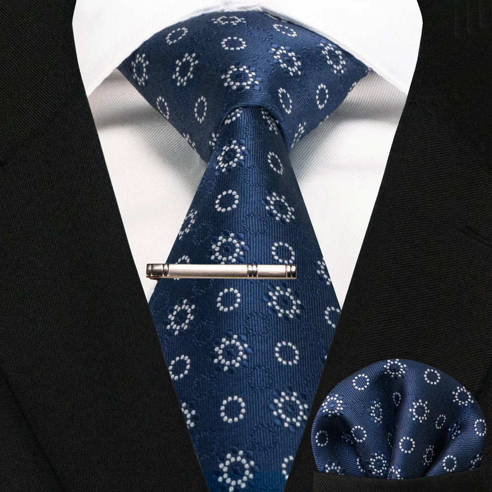 New Fashion Black Plaid Men's Tie 8cm Silk Business Necktie Handkerchief Tie clips set Wedding Party Tie Gift For Men