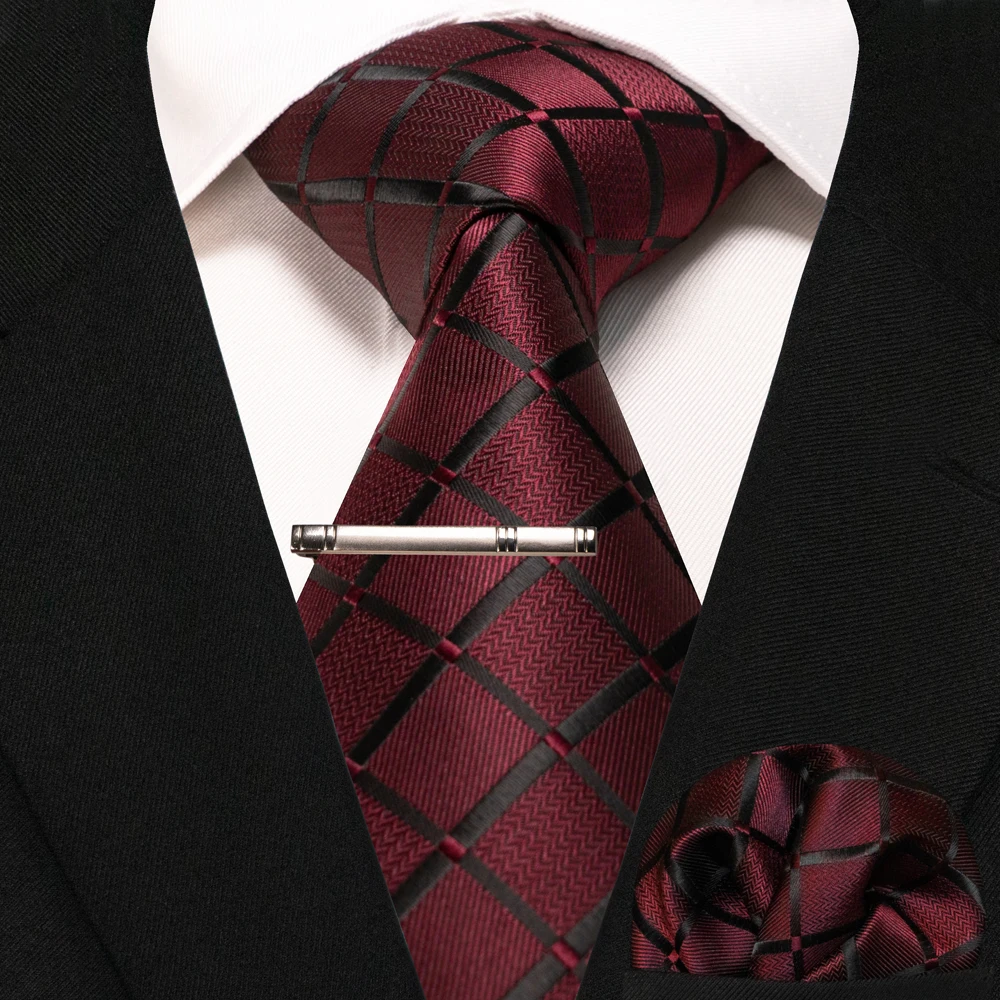 New Fashion Black Plaid Men's Tie 8cm Silk Business Necktie Handkerchief Tie clips set Wedding Party Tie Gift For Men