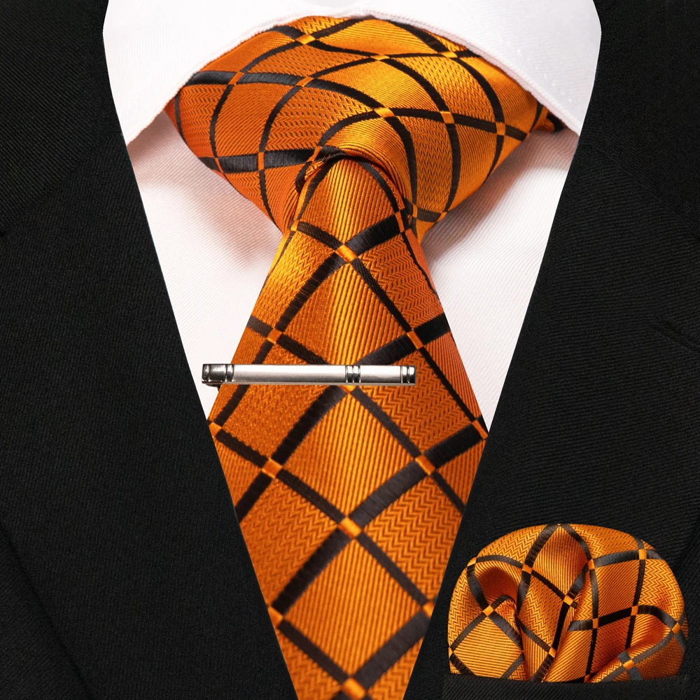 New Fashion Black Plaid Men's Tie 8cm Silk Business Necktie Handkerchief Tie clips set Wedding Party Tie Gift For Men
