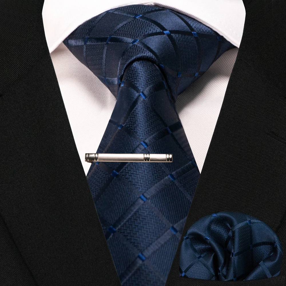 New Fashion Black Plaid Men's Tie 8cm Silk Business Necktie Handkerchief Tie clips set Wedding Party Tie Gift For Men