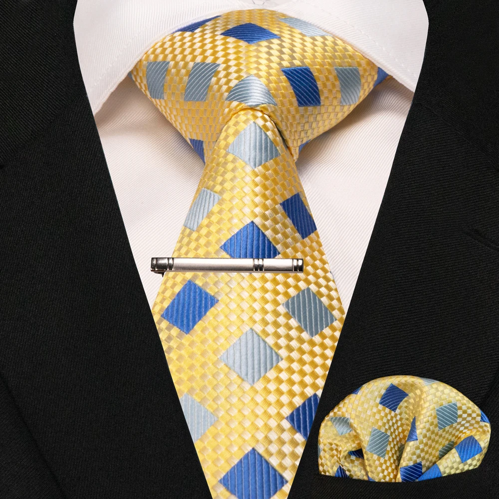 New Fashion Black Plaid Men's Tie 8cm Silk Business Necktie Handkerchief Tie clips set Wedding Party Tie Gift For Men