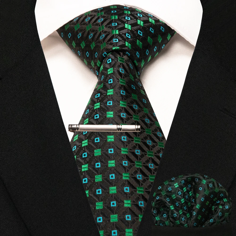 New Fashion Black Plaid Men's Tie 8cm Silk Business Necktie Handkerchief Tie clips set Wedding Party Tie Gift For Men