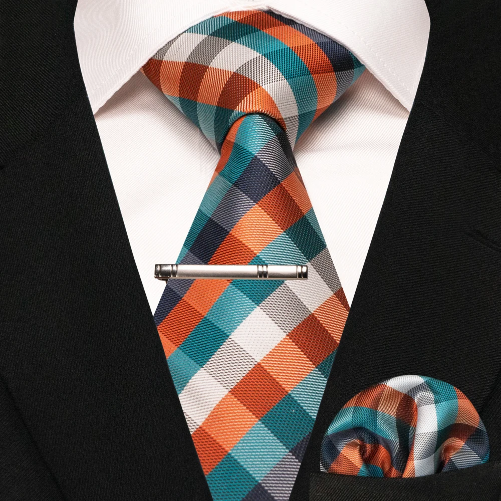 New Fashion Black Plaid Men's Tie 8cm Silk Business Necktie Handkerchief Tie clips set Wedding Party Tie Gift For Men