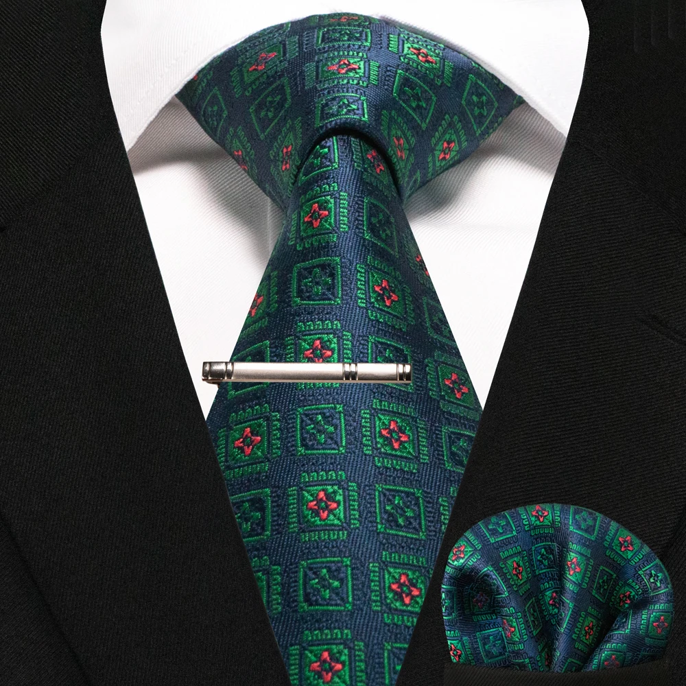 New Fashion Black Plaid Men's Tie 8cm Silk Business Necktie Handkerchief Tie clips set Wedding Party Tie Gift For Men