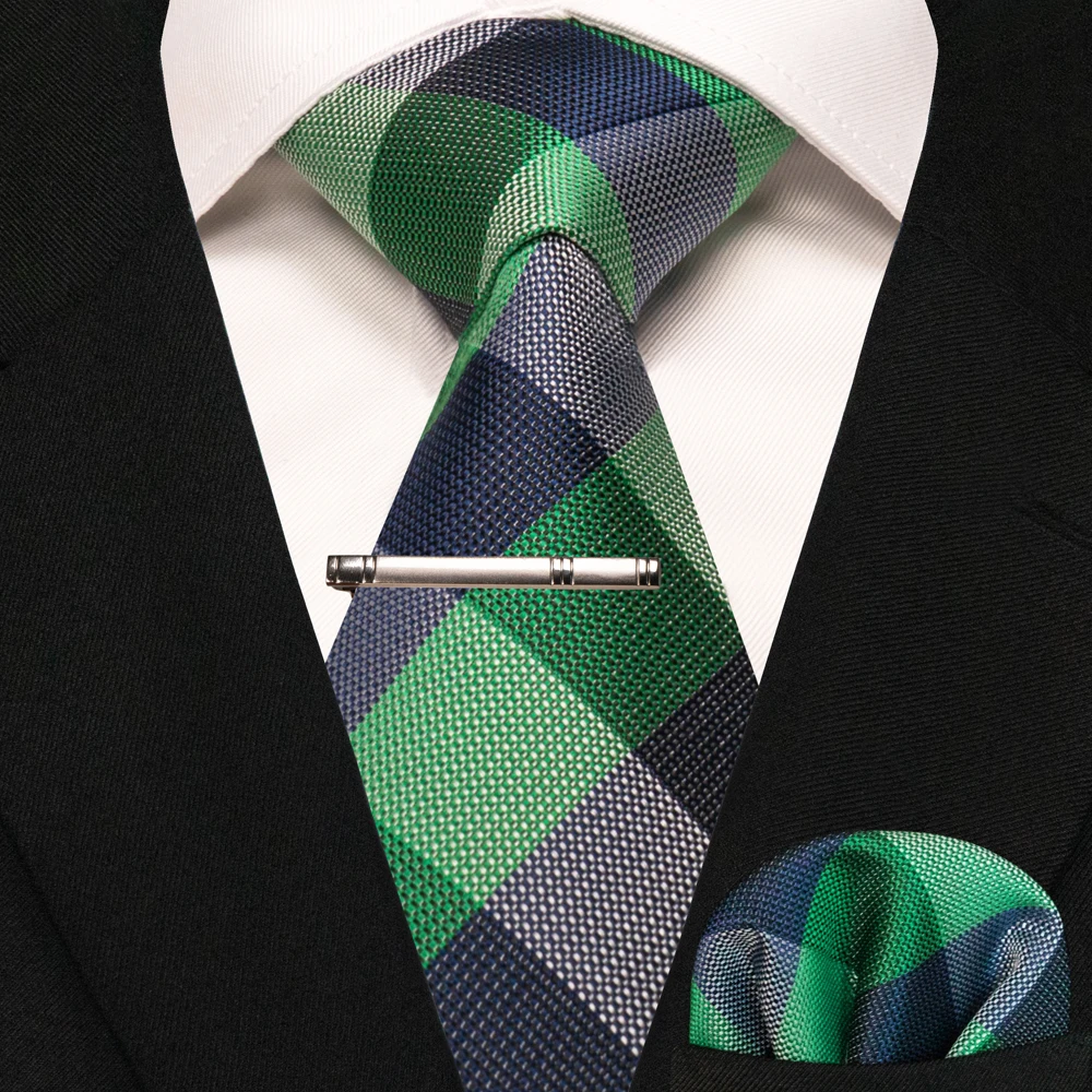 New Fashion Black Plaid Men's Tie 8cm Silk Business Necktie Handkerchief Tie clips set Wedding Party Tie Gift For Men