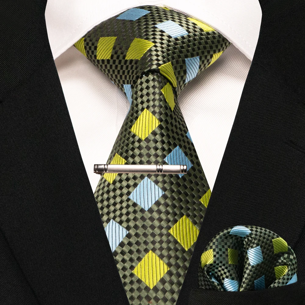 New Fashion Black Plaid Men's Tie 8cm Silk Business Necktie Handkerchief Tie clips set Wedding Party Tie Gift For Men