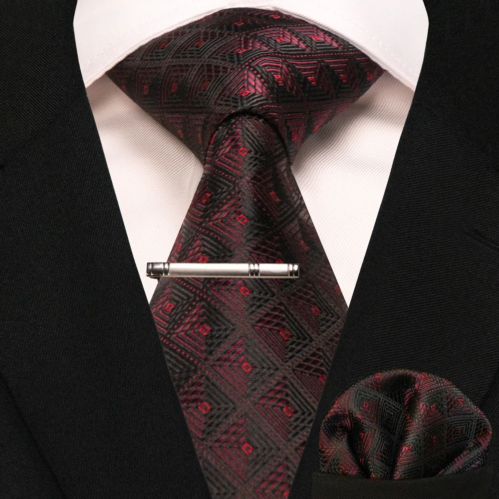 New Fashion Black Plaid Men's Tie 8cm Silk Business Necktie Handkerchief Tie clips set Wedding Party Tie Gift For Men