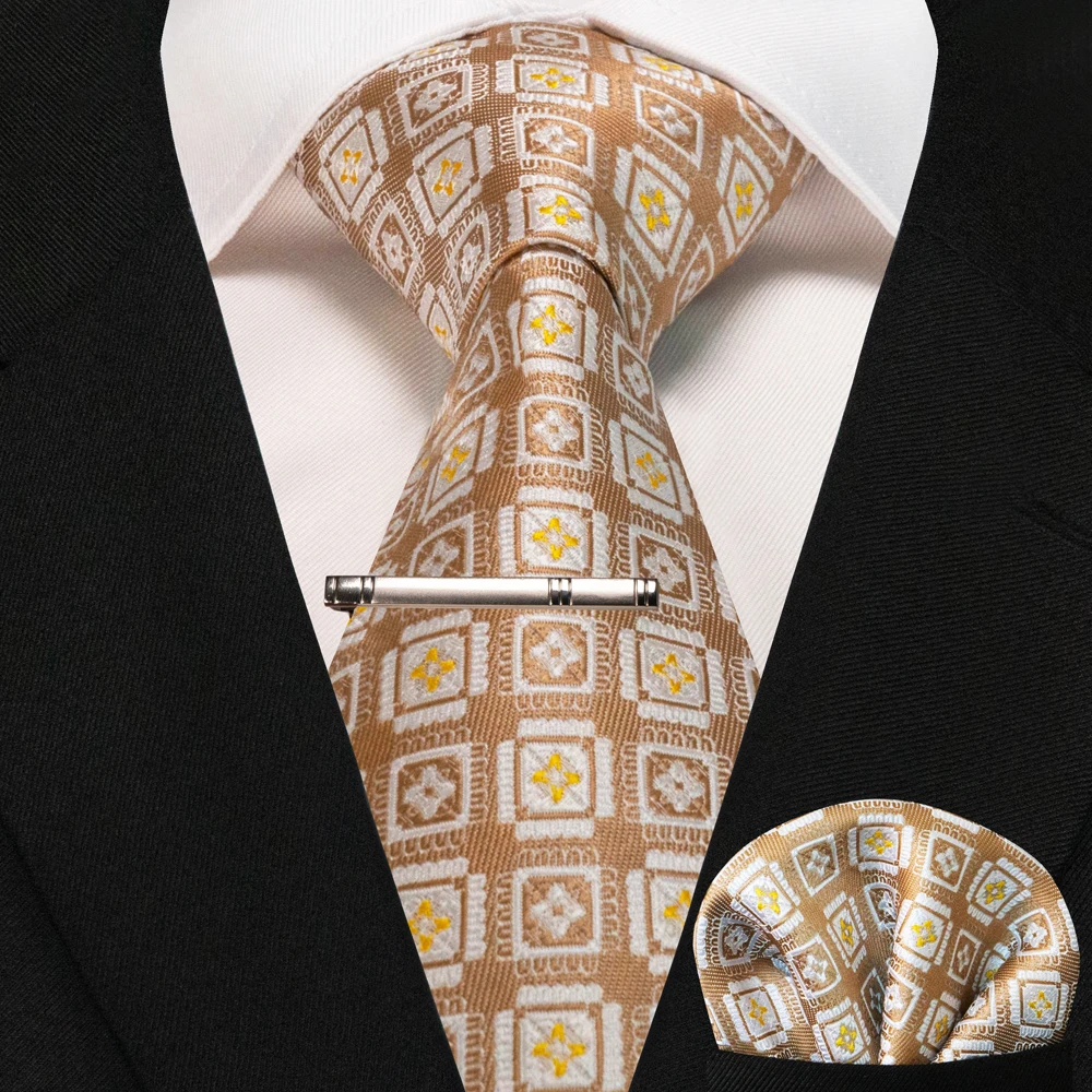 New Fashion Black Plaid Men's Tie 8cm Silk Business Necktie Handkerchief Tie clips set Wedding Party Tie Gift For Men