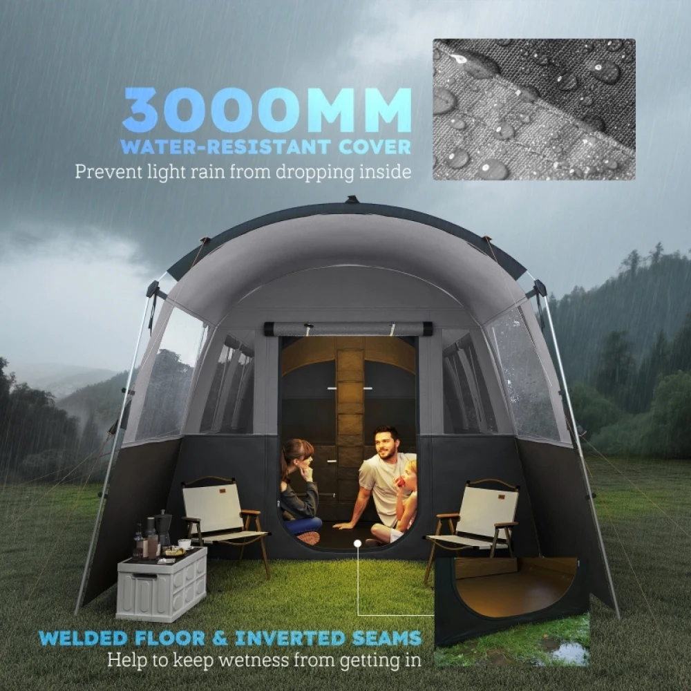 PINGGO 8-Person Camping Tent, Waterproof Family Tent, Tunnel Design, 4 Large Windows, Sleeping Cabins 3000mm Water Column Grey