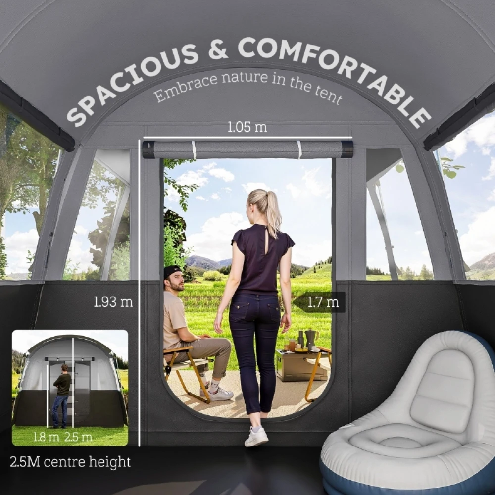 PINGGO 8-Person Camping Tent, Waterproof Family Tent, Tunnel Design, 4 Large Windows, Sleeping Cabins 3000mm Water Column Grey