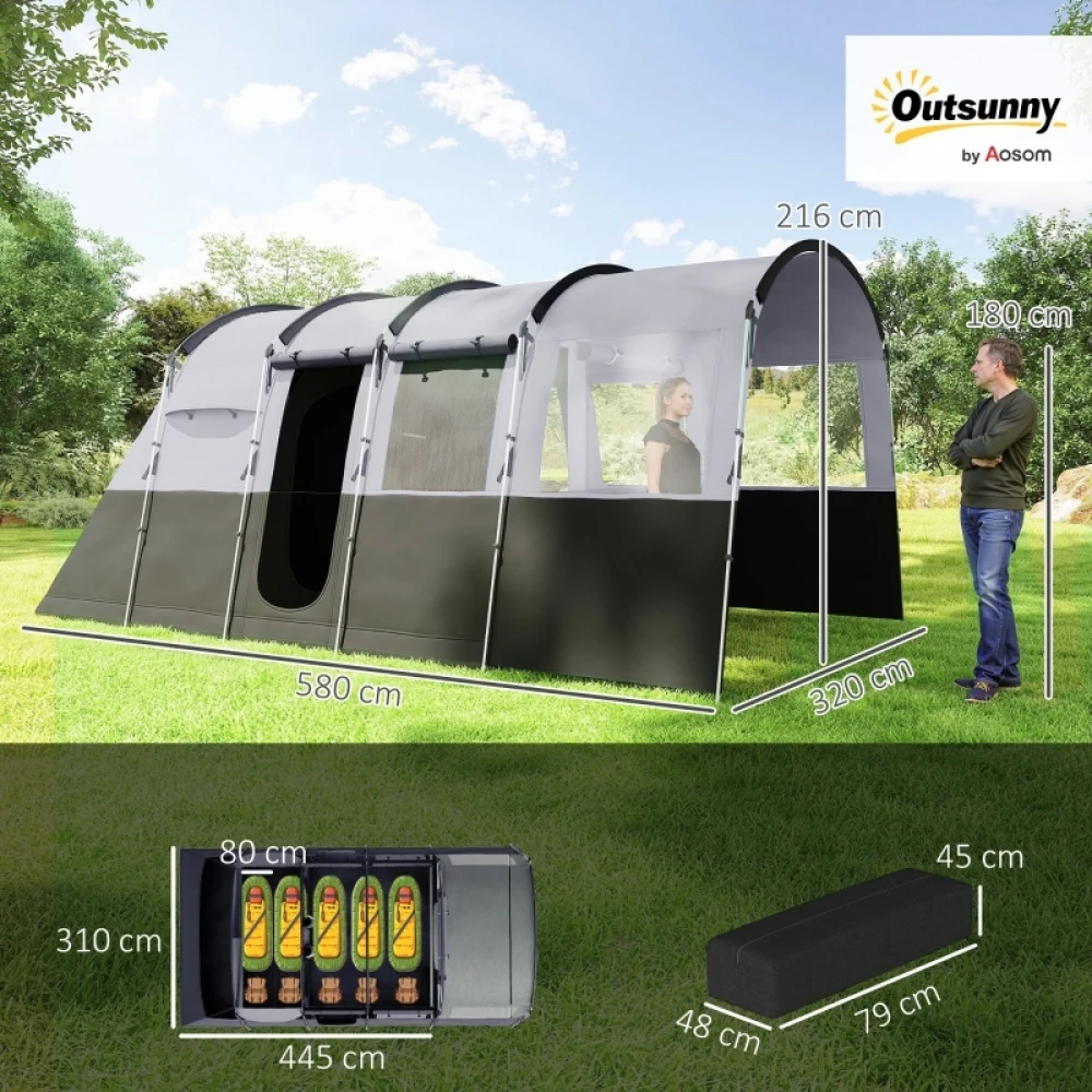 PINGGO 8-Person Camping Tent, Waterproof Family Tent, Tunnel Design, 4 Large Windows, Sleeping Cabins 3000mm Water Column Grey