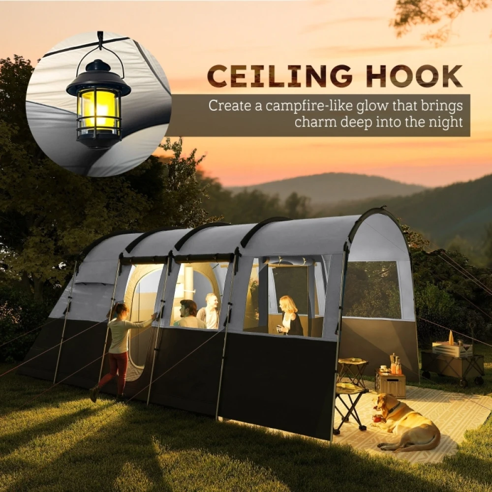 PINGGO 8-Person Camping Tent, Waterproof Family Tent, Tunnel Design, 4 Large Windows, Sleeping Cabins 3000mm Water Column Grey