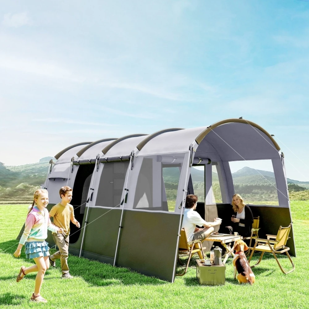 PINGGO 8-Person Camping Tent, Waterproof Family Tent, Tunnel Design, 4 Large Windows, Sleeping Cabins 3000mm Water Column Grey