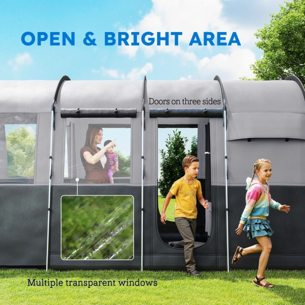 PINGGO 8-Person Camping Tent, Waterproof Family Tent, Tunnel Design, 4 Large Windows, Sleeping Cabins 3000mm Water Column Grey