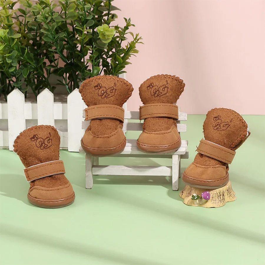 1 set of 4 pet snow boots dog shoes Teddy plush cotton shoes foot cover Winter small dog can not lose warm shoes Autumn and wint