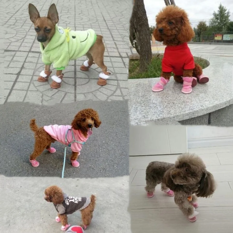 1 set of 4 pet snow boots dog shoes Teddy plush cotton shoes foot cover Winter small dog can not lose warm shoes Autumn and wint