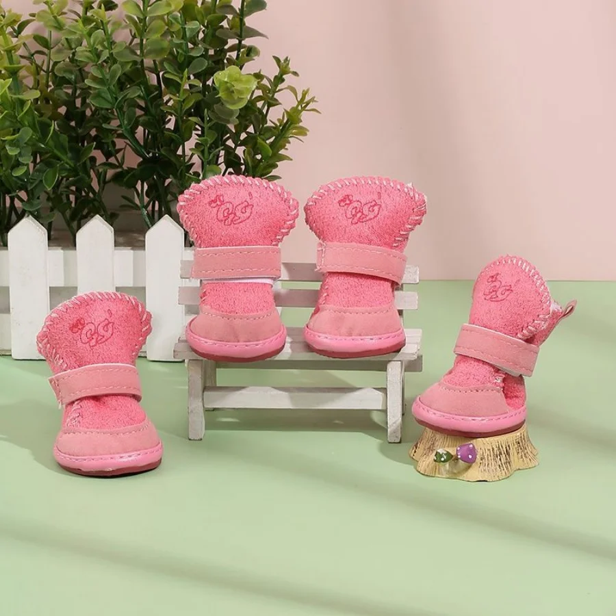 1 set of 4 pet snow boots dog shoes Teddy plush cotton shoes foot cover Winter small dog can not lose warm shoes Autumn and wint