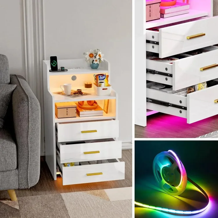 Nightstand With Drawers Wood Bedside Desk with Lighting Sofa Bed Side Table Charging Station 2AC/2USB 6 Layers Modern Nightstand