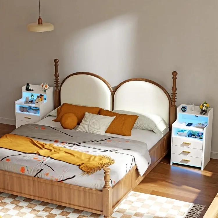 Nightstand With Drawers Wood Bedside Desk with Lighting Sofa Bed Side Table Charging Station 2AC/2USB 6 Layers Modern Nightstand