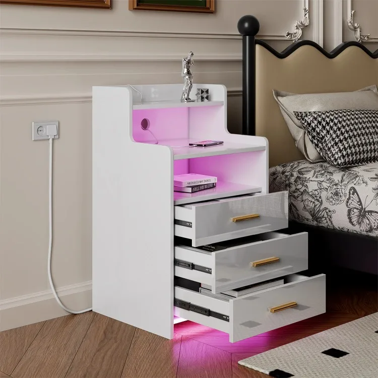 Nightstand With Drawers Wood Bedside Desk with Lighting Sofa Bed Side Table Charging Station 2AC/2USB 6 Layers Modern Nightstand