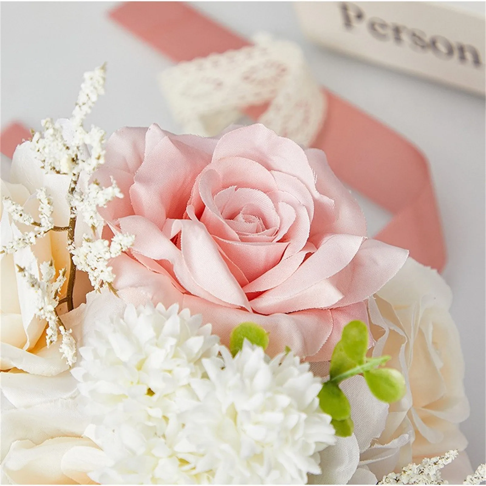 Holding Flowers Artificial Natural Rose Wedding Bouquet With Silk Satin Ribbon Pink White Champagne Bridesmaid Bridal Party