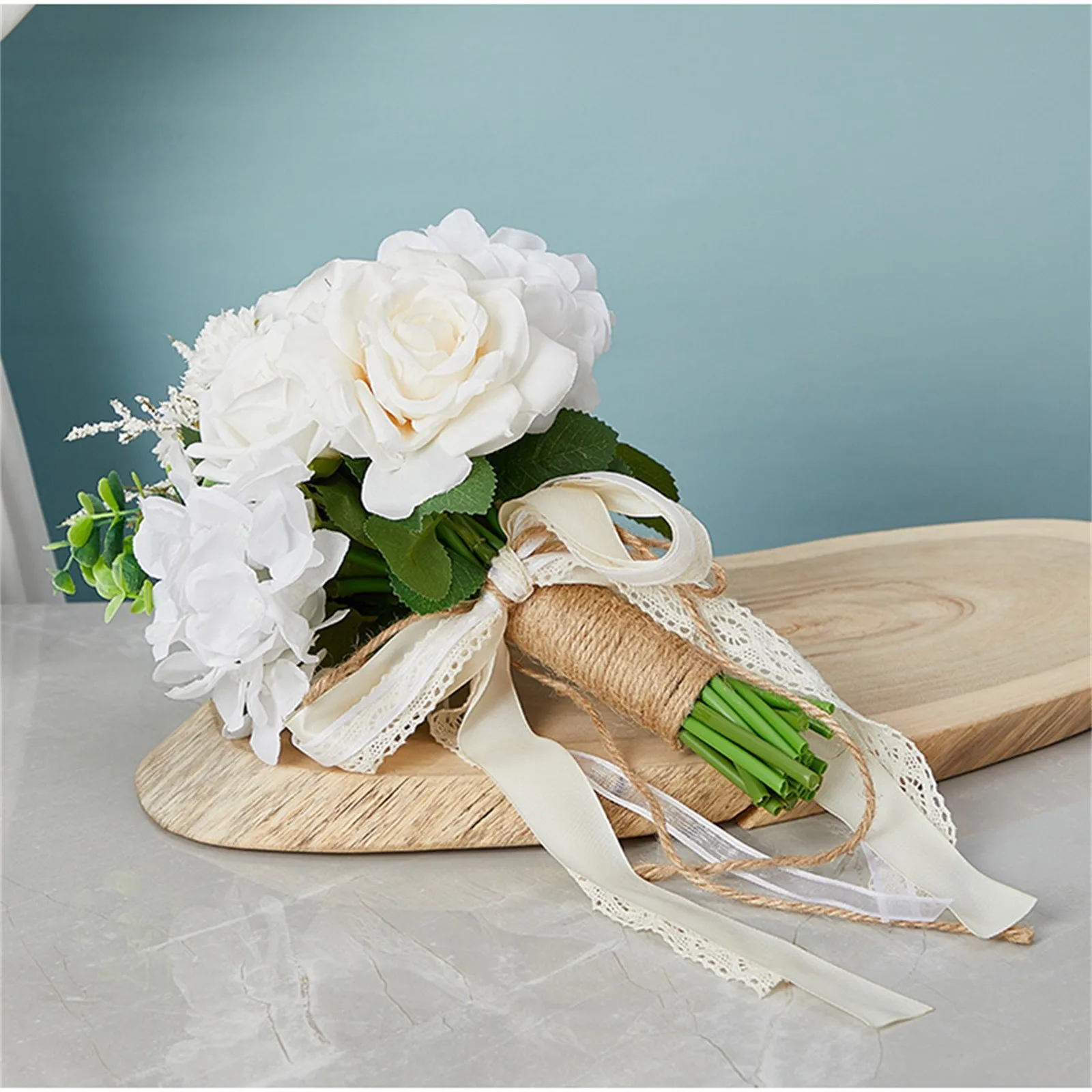 Holding Flowers Artificial Natural Rose Wedding Bouquet With Silk Satin Ribbon Pink White Champagne Bridesmaid Bridal Party