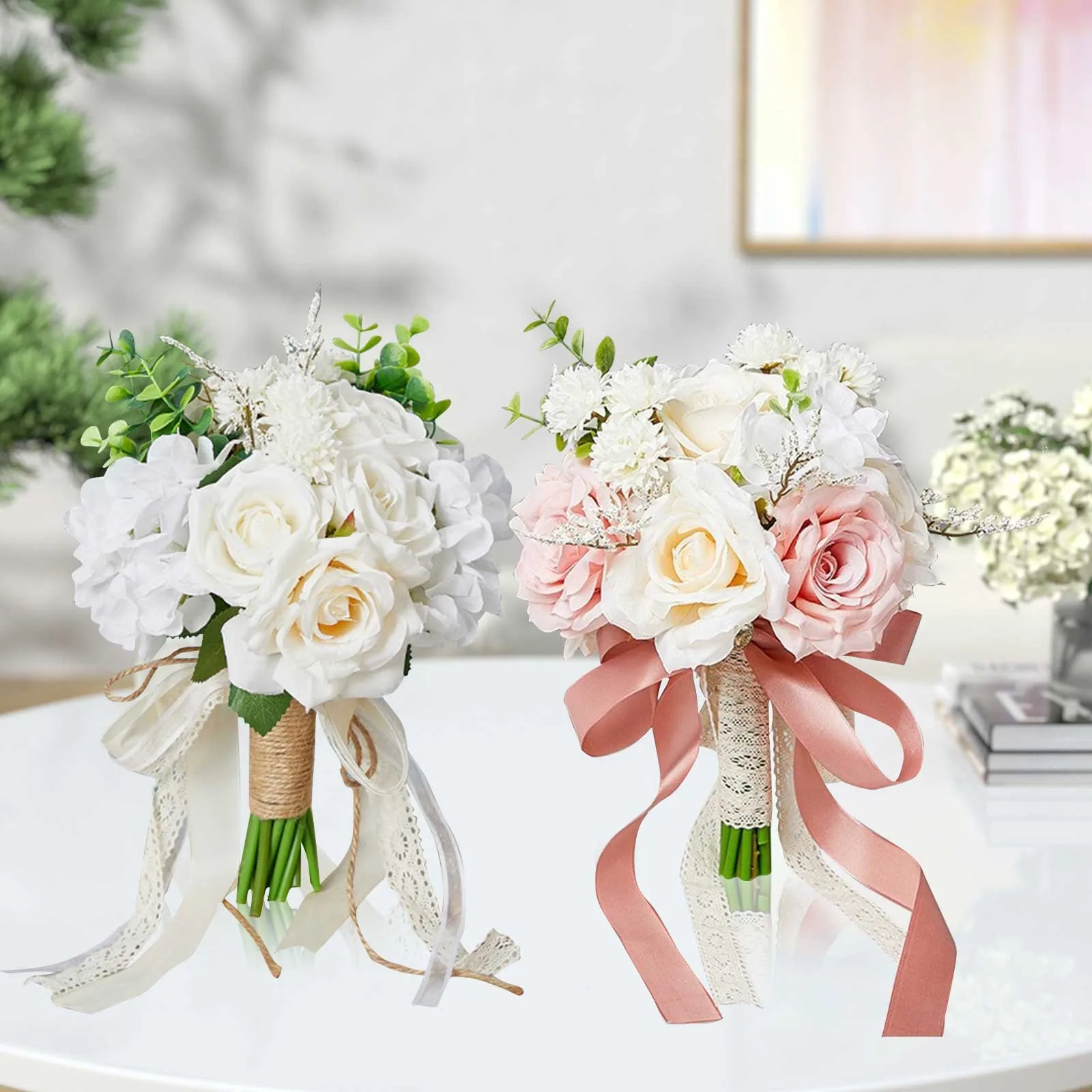 Holding Flowers Artificial Natural Rose Wedding Bouquet With Silk Satin Ribbon Pink White Champagne Bridesmaid Bridal Party