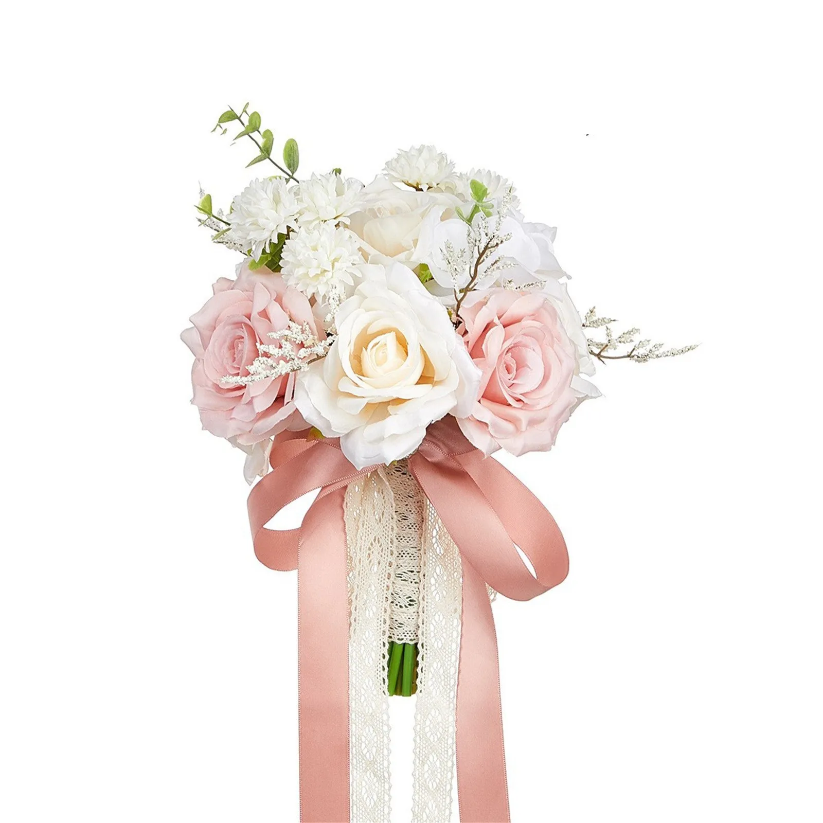 Holding Flowers Artificial Natural Rose Wedding Bouquet With Silk Satin Ribbon Pink White Champagne Bridesmaid Bridal Party