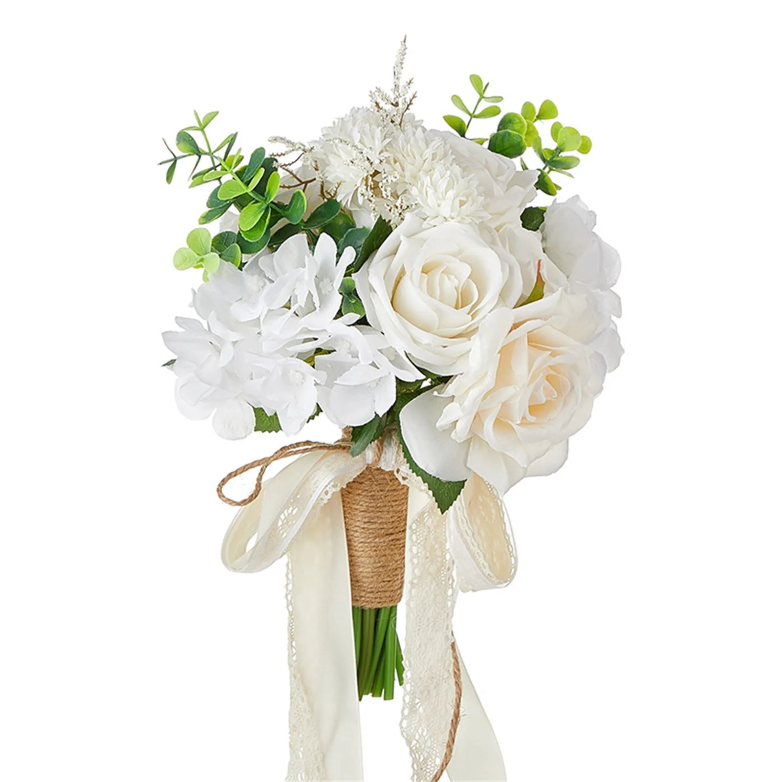 Holding Flowers Artificial Natural Rose Wedding Bouquet With Silk Satin Ribbon Pink White Champagne Bridesmaid Bridal Party