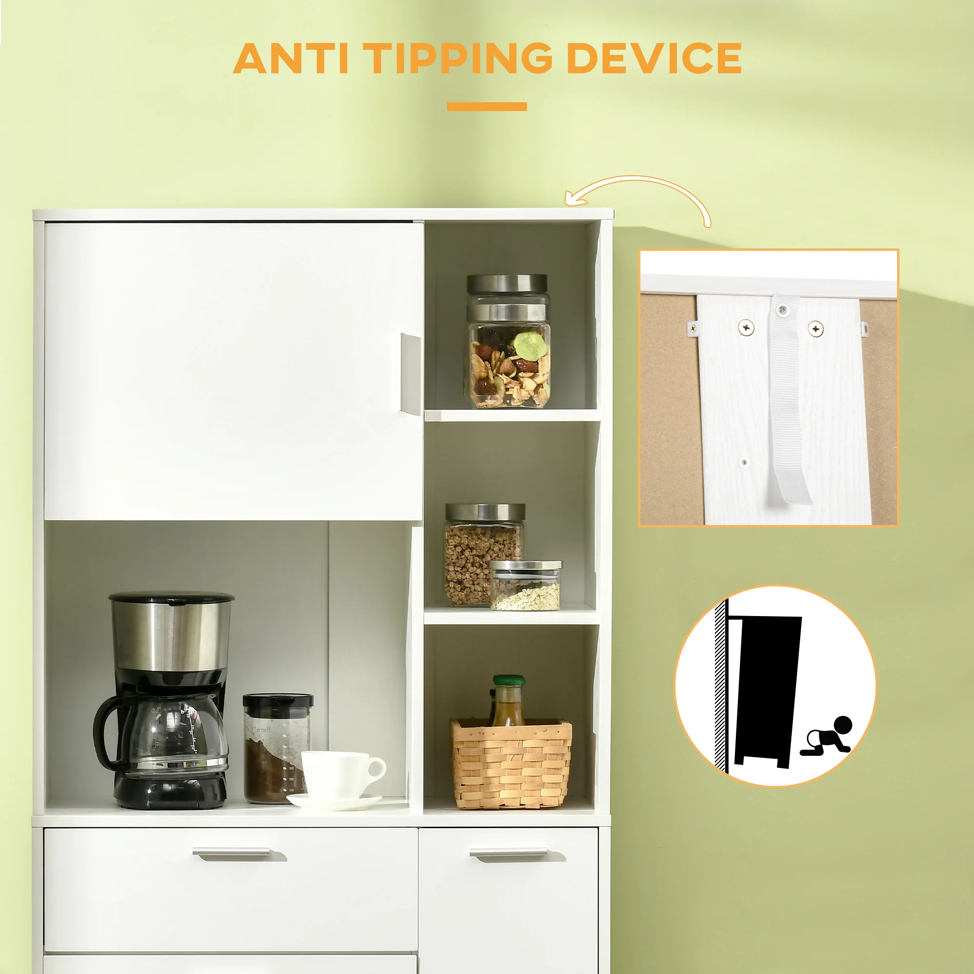 HOMCOM Kitchen Cupboard, Modern Kitchen Storage Cabinet with Shelves and Drawer, Free Standing Kitchen Sideboard, 166 cm, White