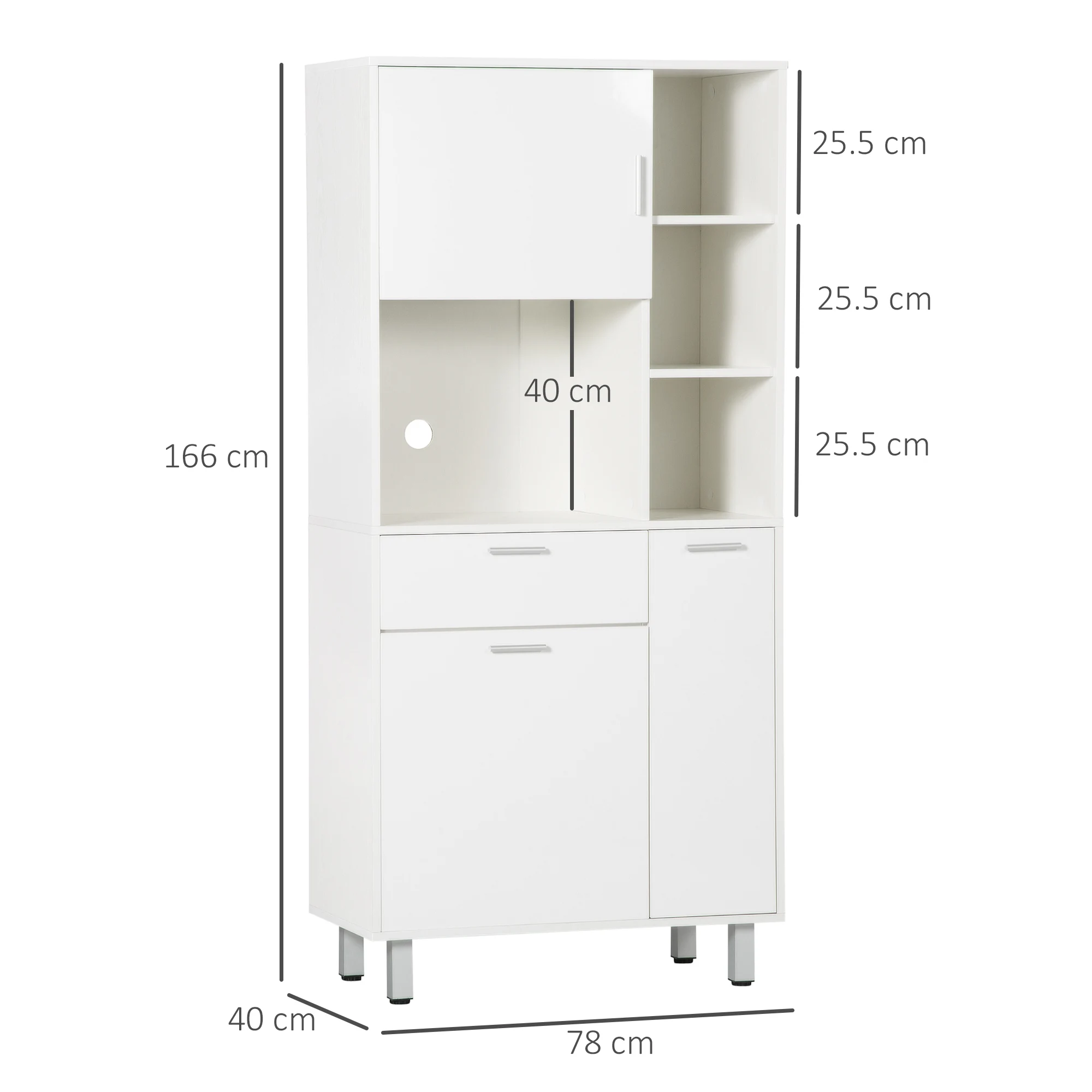 HOMCOM Kitchen Cupboard, Modern Kitchen Storage Cabinet with Shelves and Drawer, Free Standing Kitchen Sideboard, 166 cm, White