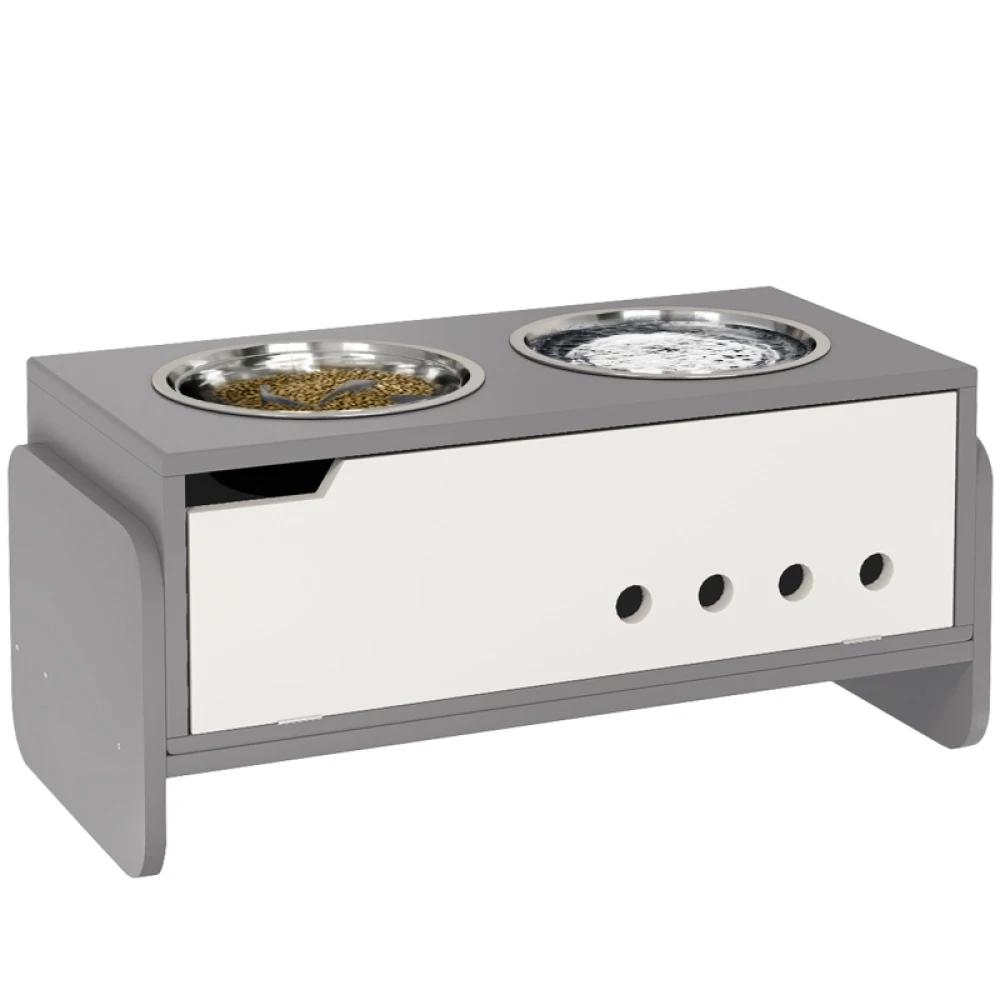 PINGGO 3 Height Adjustable Raised Dog Bowls, Dog Feeding Storage Station W/ Slow Feeder Mat, 2 Stainless Steel Bowls