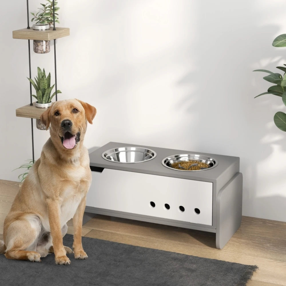 PINGGO 3 Height Adjustable Raised Dog Bowls, Dog Feeding Storage Station W/ Slow Feeder Mat, 2 Stainless Steel Bowls