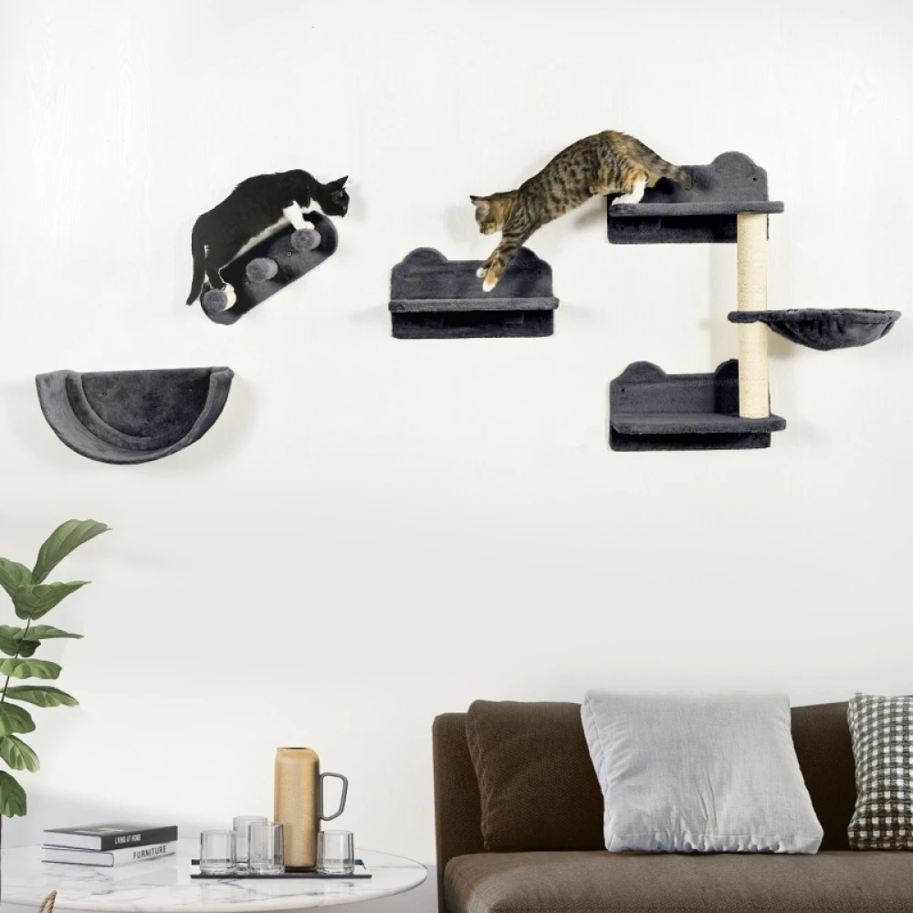 PINGGO 4PCS Wall Mounted Cat Shelves with Scratching Post, Hammock, Nest Dark Durable, Soft and Comfortable Appearance
