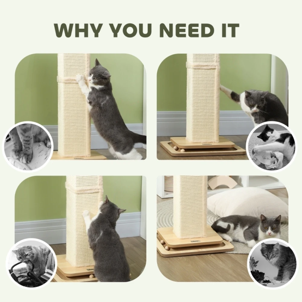 PINGGO 3-in-1 Cat Scratching Post, 87cm Cat Scratcher W/ Track Ball Toy, Oak Tone, Grass Woven Full Coverage, Sturdy Structure