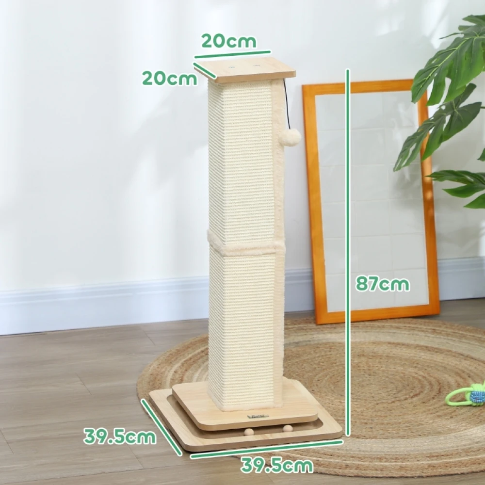 PINGGO 3-in-1 Cat Scratching Post, 87cm Cat Scratcher W/ Track Ball Toy, Oak Tone, Grass Woven Full Coverage, Sturdy Structure