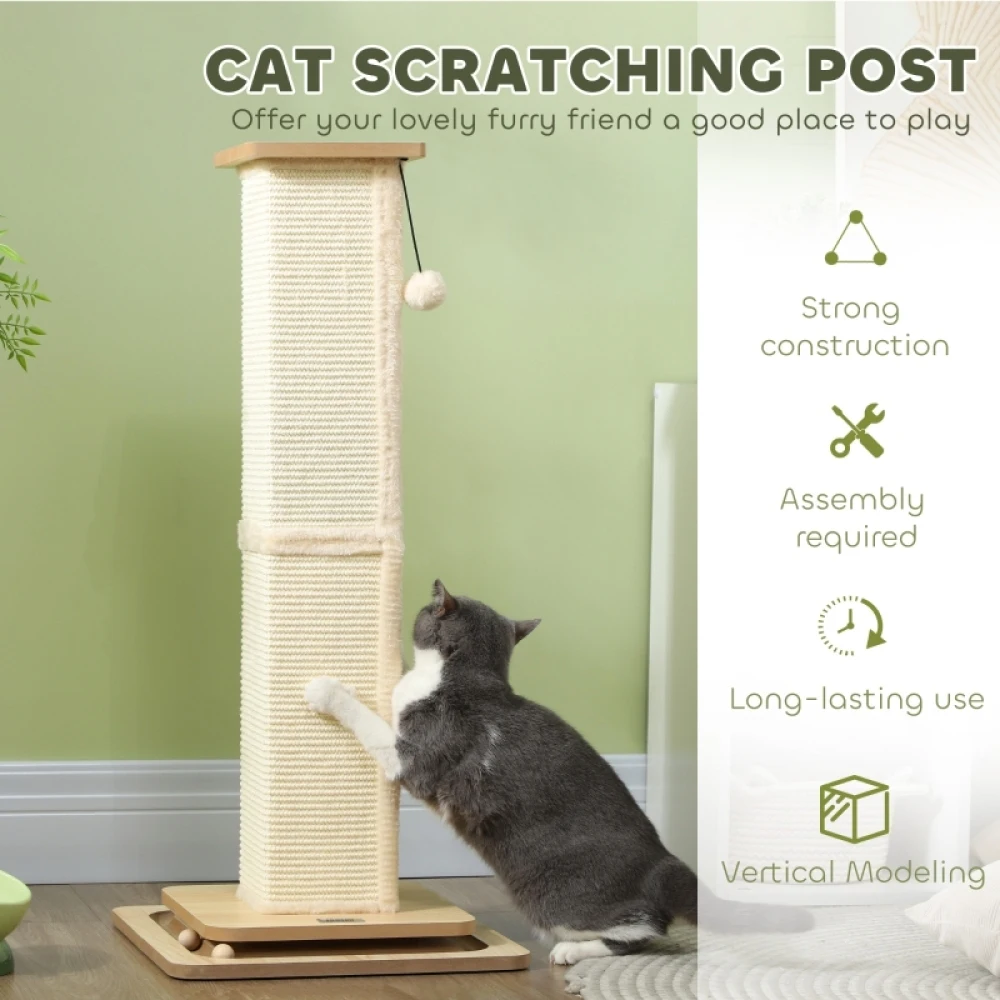 PINGGO 3-in-1 Cat Scratching Post, 87cm Cat Scratcher W/ Track Ball Toy, Oak Tone, Grass Woven Full Coverage, Sturdy Structure