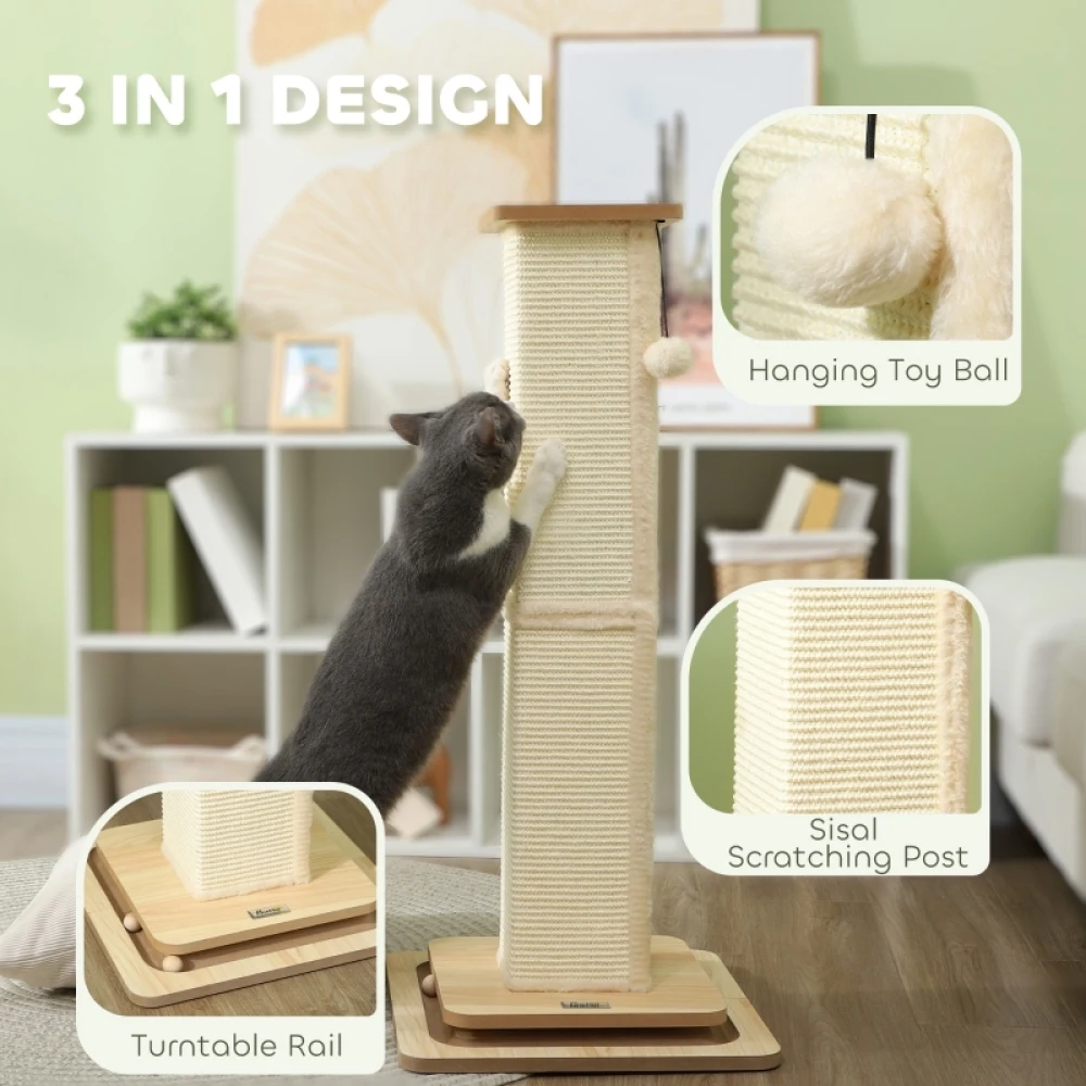 PINGGO 3-in-1 Cat Scratching Post, 87cm Cat Scratcher W/ Track Ball Toy, Oak Tone, Grass Woven Full Coverage, Sturdy Structure