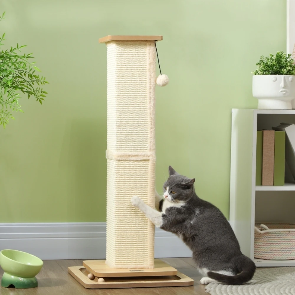PINGGO 3-in-1 Cat Scratching Post, 87cm Cat Scratcher W/ Track Ball Toy, Oak Tone, Grass Woven Full Coverage, Sturdy Structure