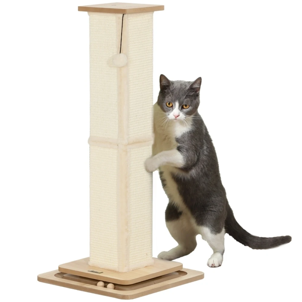 PINGGO 3-in-1 Cat Scratching Post, 87cm Cat Scratcher W/ Track Ball Toy, Oak Tone, Grass Woven Full Coverage, Sturdy Structure