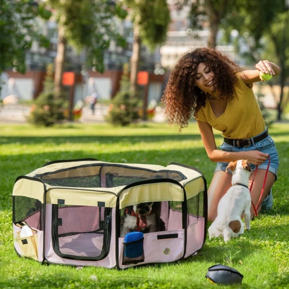 PINGGO Fabric Pet Whelping Box Dog Cat Puppy Playpen Rabbit Guinea Pig Play Pen in Pink With Carry Bag Small Dia 90 X 41Hcm