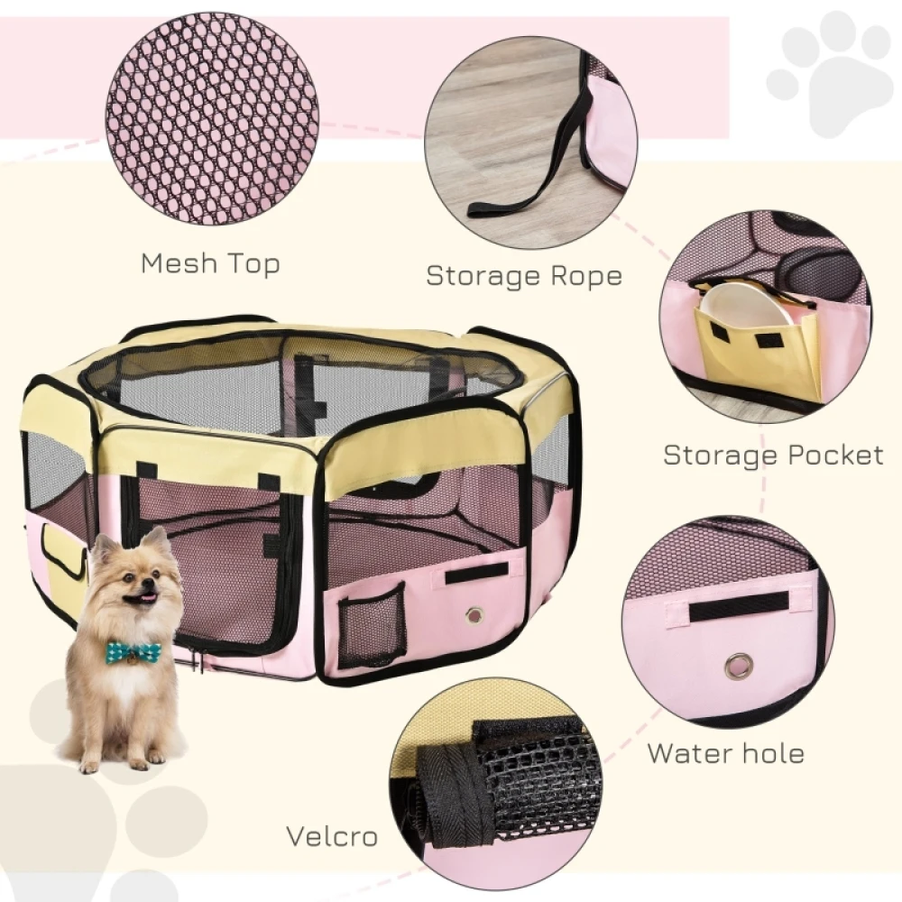 PINGGO Fabric Pet Whelping Box Dog Cat Puppy Playpen Rabbit Guinea Pig Play Pen in Pink With Carry Bag Small Dia 90 X 41Hcm