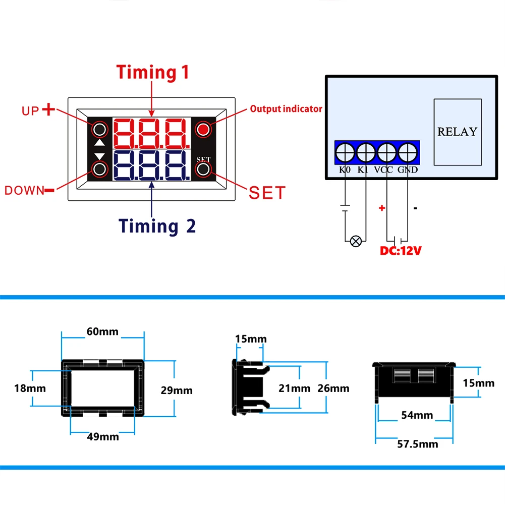 20A Timer Switch Control Module Dual Display Digital Time Relay Module 0.56 Inch Accessories 0-999 Second Minutes Hours